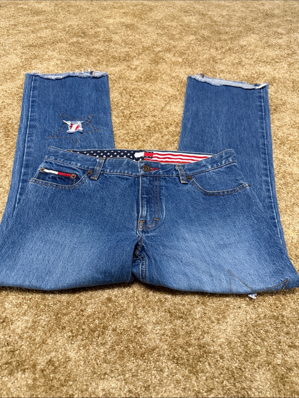 Tommy Hilfiger Medium Blue Straight Jeans with Flag-Print Waistband